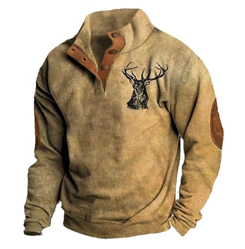 famesale Herren Jagd Hirsch Bedruckte Henley Hemden 1/4 Knopfleiste Langarm Pullover Sweatshirts Vintage Stand Kragen Oberteile von famesale