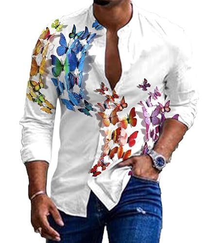 famesale Herren Retro Hemd Schmetterling 3D gedruckt Stand Kragen Langarm Hemden Mode Vintage Bunte Schmetterlinge Muster Knopf Bluse Hawaii Strand Top von famesale