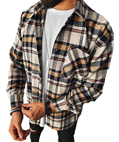 famesale Herren Standard Slim-Fit Langarm Kariertes Flanellhemd Mode kariert Freizeithemd Mantel mit Tasche von famesale