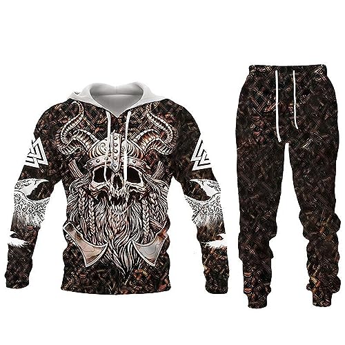 famesale Herren Trainingsanzug Full Set Viking Warrior 3D gedruckt Hoodie und Jogginghose Set Hip Hop Zweiteiliges Set Lässige Sportbekleidung Set von famesale