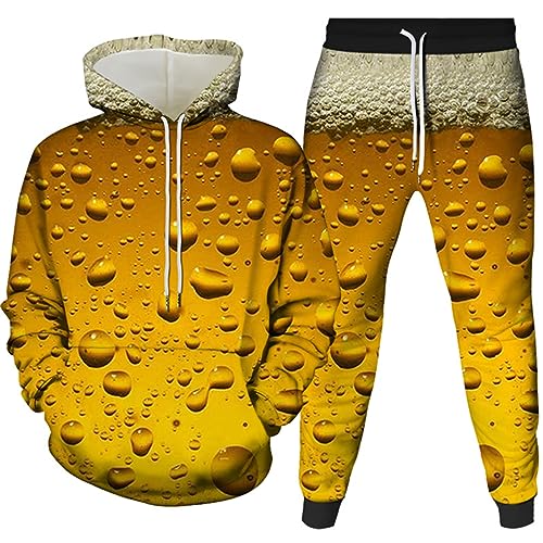 famesale Herren Trainingsanzug-Set Bier 3D-gedruckte Kapuzenpullover und Jogginghosen Set Zweiteiliges Set Lässige Sportbekleidung Activewear Set von famesale