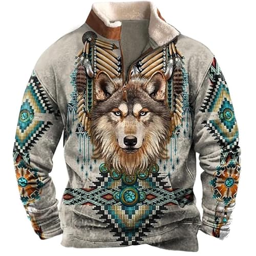 famesale Herren Ureinwohner Indianer Sweatshirts Retro Indianer Wolf 3D gedruckt ethnische Totem 1/4 Reißverschluss Jacke Langarm Pullover Sweatshirts von famesale