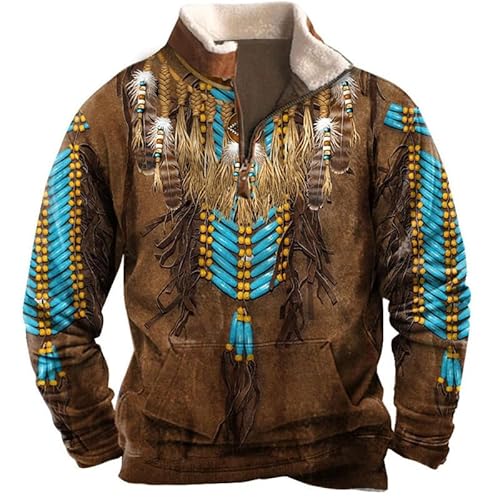 famesale Herren Ureinwohner Indianer Sweatshirts Retro Indianer Wolf 3D gedruckt ethnische Totem 1/4 Reißverschluss Jacke Langarm Pullover Sweatshirts von famesale