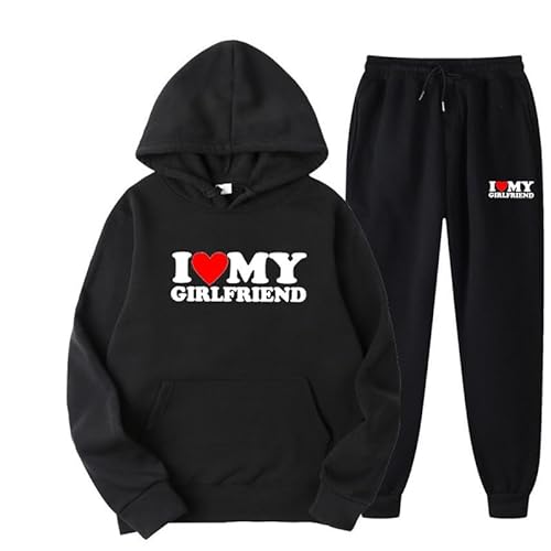 I Love My Girlfriend Zweiteiliges Set Trainingsanzug-Set Lustiger Buchstabe 3D-Gedruckter Kapuzenpullover und Jogginghose Set für Frauen Männer von famesale