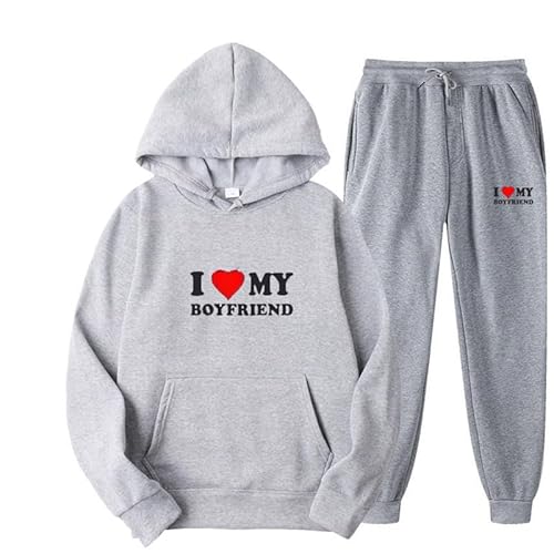 famesale I Love My Boyfriend Kapuzenpullover + Hose Zweiteiliges Set Lustiger Brief 3D Gedruckter Trainingsanzug Harajuku Sportbekleidung für Männer Frauen von famesale