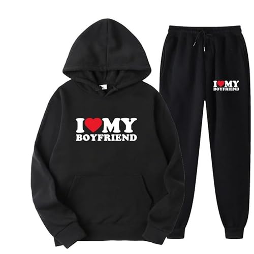 famesale I Love My Boyfriend Kapuzenpullover + Hose Zweiteiliges Set Lustiger Brief 3D Gedruckter Trainingsanzug Harajuku Sportbekleidung für Männer Frauen von famesale