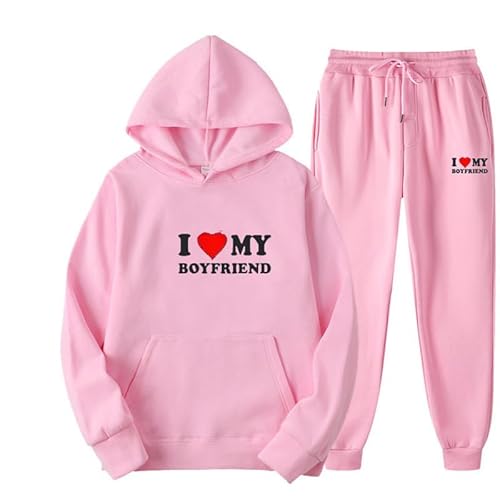 famesale I Love My Boyfriend Kapuzenpullover + Hose Zweiteiliges Set Lustiger Brief 3D Gedruckter Trainingsanzug Harajuku Sportbekleidung für Männer Frauen von famesale