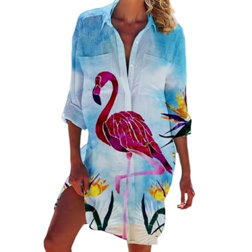 famesale Pfau Flamingo Strand Blusen Tier 3D gedruckt Frauen Lange Ärmel mittellange Hemden Knöpfe Tasche Tops Bluse von famesale