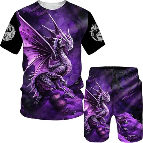 famesale Sommer Herren Drachen 3D gedruckt 2 Stück Set T-Shirt + Shorts Vintage Casual Sportswear Trainingsanzug von famesale