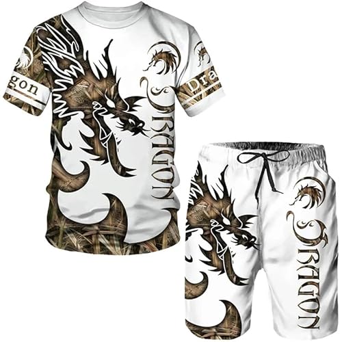 famesale Sommer Herren Drachen 3D gedruckt 2 Stück Set T-Shirt + Shorts Vintage Casual Sportswear Trainingsanzug von famesale