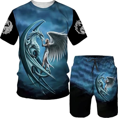 famesale Sommer Herren Drachen 3D gedruckt 2 Stück Set T-Shirt + Shorts Vintage Casual Sportswear Trainingsanzug von famesale