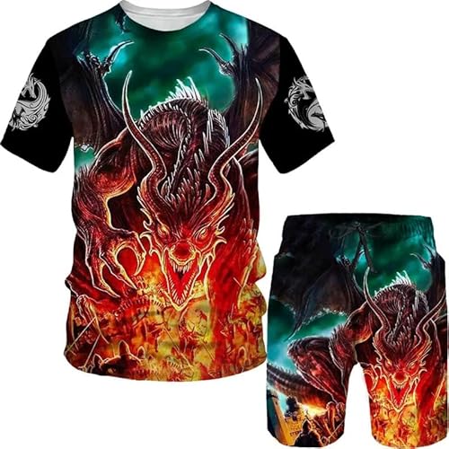 famesale Sommer Herren Drachen 3D gedruckt 2 Stück Set T-Shirt + Shorts Vintage Casual Sportswear Trainingsanzug von famesale