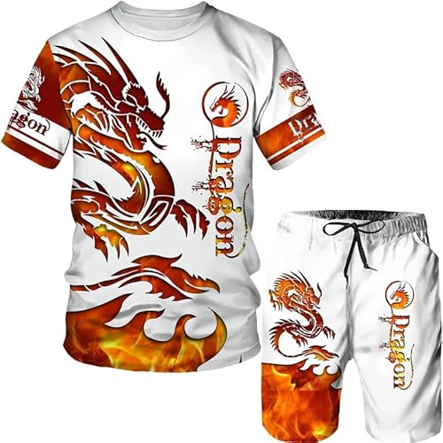 famesale Sommer Herren Drachen 3D gedruckt 2 Stück Set T-Shirt + Shorts Vintage Casual Sportswear Trainingsanzug von famesale