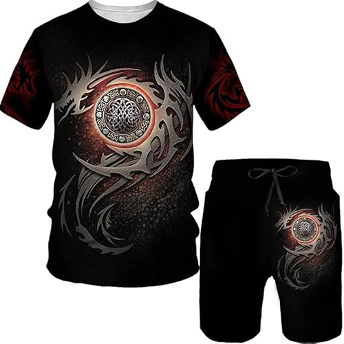 famesale Sommer Herren Drachen 3D gedruckt 2 Stück Set T-Shirt + Shorts Vintage Casual Sportswear Trainingsanzug von famesale