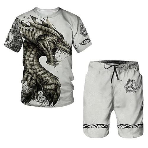 famesale Sommer Herren Drachen 3D gedruckt 2 Stück Set T-Shirt + Shorts Vintage Casual Sportswear Trainingsanzug von famesale