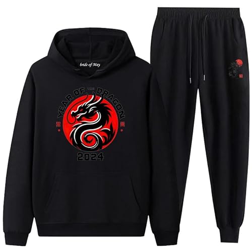famesale Unisex-chinesischer Drachen-Trainingsanzug Chinesisches Jahr des Drachen 3D-Gedruckter Kapuzenpullover und Hosen-Set Zweiteilige Harajuku-Sportbekleidung von famesale