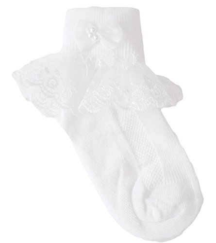 familientrends Baby Mädchen Socken Strümpfe festlich Rüschen Spitze Taufe Hochzeit weiss rosa, Grösse Accessoire:19-23 (1-3 Jahre);Farbe:weiss Rüschen Schleife von familientrends