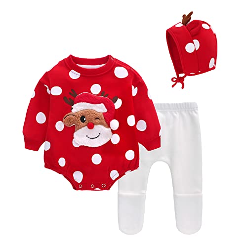 Famuka Baby Weihnachten Outfit Strampler Baby Junge Mädchen Weihnachtsmütze Weihnachtskleidung Set (Weihnachtshirsch, 12M) von Famuka