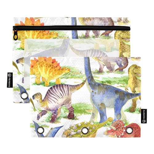 Aquarell-Dinosaurier-Bleistifttasche mit transparentem Fenster, mit Reißverschluss, verstärkte Ösen, 3 Ringe, Bindertasche zur Aufbewahrung von Schulstudenten, Lehrerbedarf von famyily