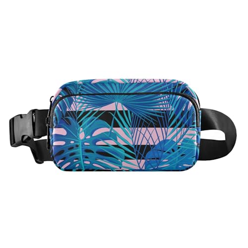 Bauchtasche mit blauem tropischem Blattmotiv, für Herren und Damen, kleiner Reißverschluss, mit verstellbarem Riemen für Reisen, Einkaufen, Laufen, Blaues tropisches Blatt, Einheitsgröße von famyily