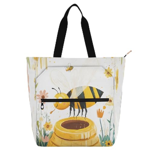 Bee Collecting Honey Flower Book Tote Bag for Boys Girls Adults Large Library Book Bag Shoulder Bag with Zipper for School Shopping Travel Rainbow von famyily