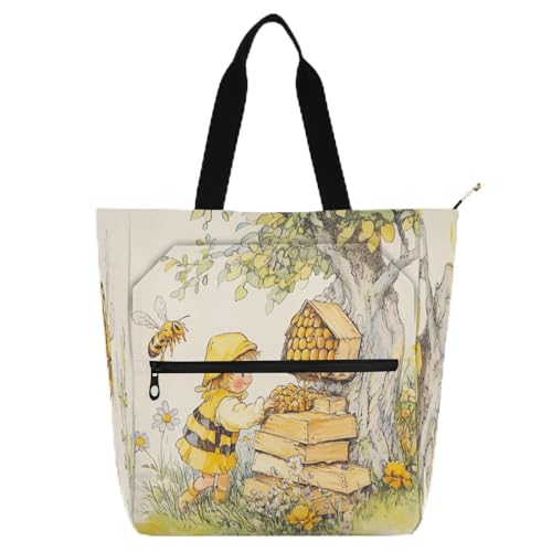 Bee Collecting Honey Tree Cute Book Tote Bag for Kids Women Men Water Resistant Library Shoulder Bag Handbag with Zipper for School and Playtime Rainbow von famyily