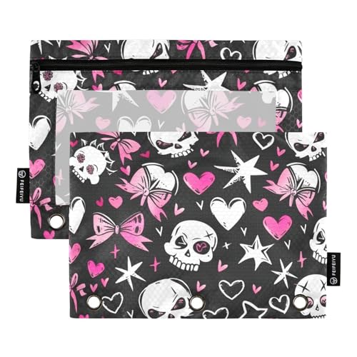Black and Blush Pattern with White Skulls Black Background Cute Bow on Head Hearts Stars and Bows in Style of Monster High Pencil Pouches for 3 Rings Binder with Clear Window Binder Pencil von famyily