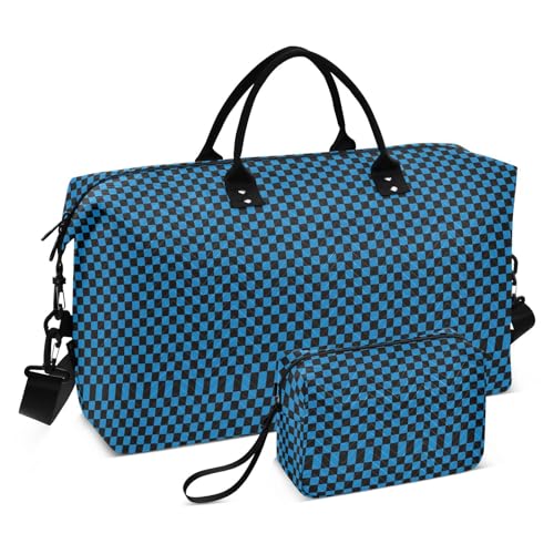 Blau-Schwarz Checkerboard Reisetasche Wochenendtasche Große Turnbeutel mit verstellbarem Gurt für Reisen Wasserdicht von famyily