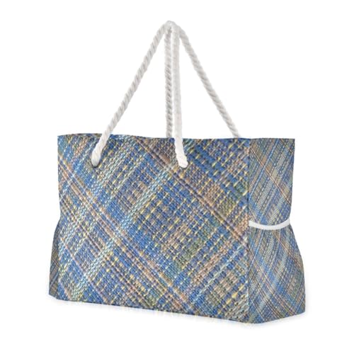 Blau-gelbe gewebte robuste Damen-Tragetasche mit Seitentaschen, große Strandtasche mit Getränkehaltern an der Seite von famyily