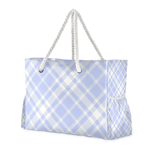 Blaue gestreifte Netztasche für Damen, sanddicht, mit Seitentaschen, Schultertasche, Wochenendtasche, Übernachtung, mit Reißverschlusstaschen Blaue gestreifte Netztasche für Damen, sanddicht, mit Seitentaschen, Schultertasche, Wochenendtasche, Übernachtung, mit Reißverschlusstaschen von famyily