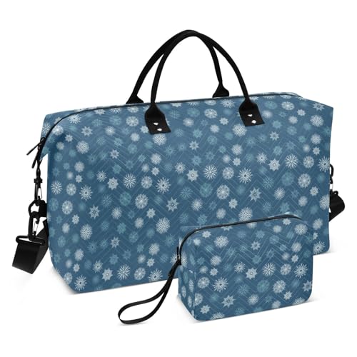 Blaue und weiße Weihnachts-Schneeflocken, persönliche Gegenstände, Reisetasche, Wochenendtasche, Übernachtungstasche, Turnbeutel mit verstellbarem Riemen für Sport, 2-teiliges Set von famyily