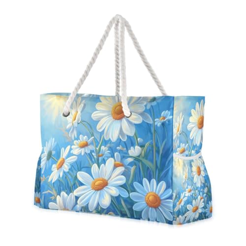 Blue Daisy Hello Sunshine Bloom Sanddichte Strandtasche für Reisen mit Reißverschluss, Arbeitstasche für Damen, mit Getränkehalter mit Taschen von famyily