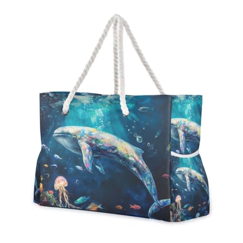 Blue Underwater World Strandtasche mit großem Fassungsvermögen, mit Reißverschluss, für Damen, mit Getränkehaltern an der Seite von famyily