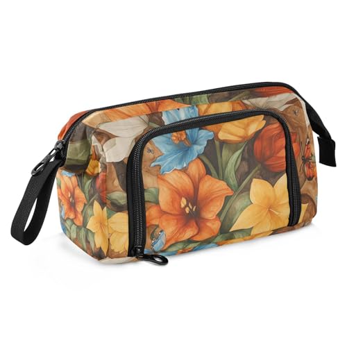 Blumen Blume Narzissen Schmetterlinge Bienen Braun Federmäppchen Große Kapazität Niedlich Federmäppchen mit Fach Bleistift Etui Kosmetik für Jungen High School Supplies von famyily