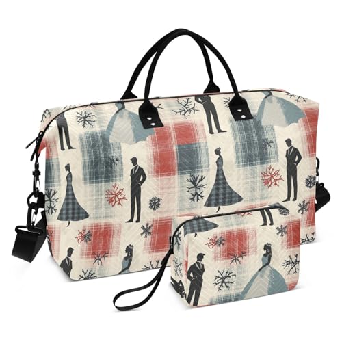 Bunte Brauttasche, Büffelkariert, Schneeflocken, Weihnachten, große Tasche, Wochenendtasche, Übernachtungstasche, Sporttasche, Turnbeutel, Kulturbeutel für Fitnessstudio, multifunktional von famyily