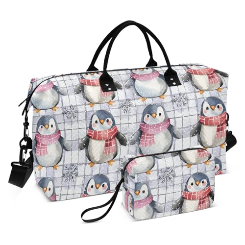 Bunte Pinguin-Büffelkarierte Schneeflocken, Weihnachten, Cartoon, niedliches Gepäck, Reisetasche, Wochenendtasche, Übernachtungstasche, Sporttasche, Turnbeutel mit verstellbarem Riemen für Workout von famyily