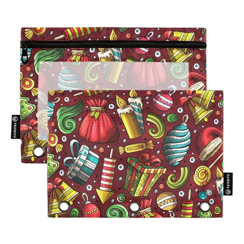 Bunte Weihnachts-Überraschungs-Bindertaschen, 3 Ringe mit Reißverschluss mit transparentem Fenster, Stoff-Federmäppchen mit Reißverschluss, verstärkte Ösen, 3 Ringe für Schule, Büro und Zuhause von famyily