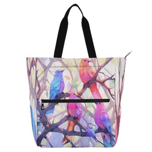 Buntglas-Vögel auf Ast, glänzende Büchertasche, Büchertasche für Kinder und Erwachsene, wasserabweisend, wiederverwendbar, mit Reißverschluss, für Schule, Arbeit, Reisen, Regenbogen von famyily