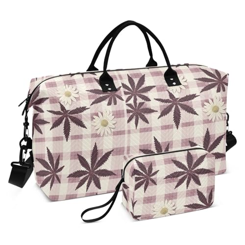 Burgunderrote Marihuana Buffalo Plaid Gänseblümchen Ei Ostern Persönliche Gegenstände Reisetasche Wochenender Reise Übernachtungstasche Sporttasche Turnbeutel mit Kulturbeutel für Sport 2-teiliges Set von famyily
