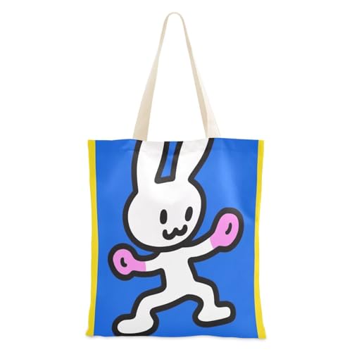 Canvas-Tasche, Cartoon, niedliches weißes Kaninchen, Tragetasche mit Taschen für Lehrer, ästhetische Canvas-Tragetasche von famyily