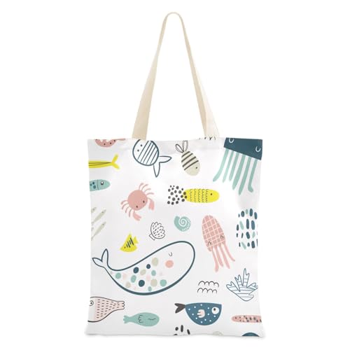 Canvas-Tragetasche, bunte Cartoon-Meerestiere, Leinen-Einkaufstasche mit Taschen für Geburtstag, Stoff-Einkaufstaschen von famyily
