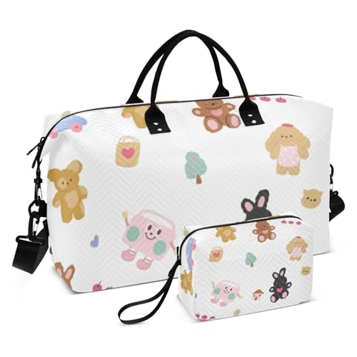 Cartoon Cute Brown Bear Gepäck Reisetasche Schulter Weekender Übernachtungstasche Sport Tote Turnbeutel mit Kulturbeutel zum Wandern Faltbar von famyily