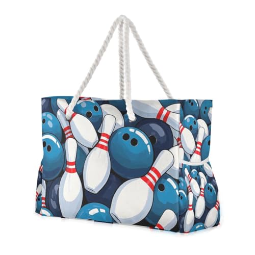 Cartoon Sports Bowling weiß und blau sanddicht wasserdicht Strandtasche mit Reißverschluss Reisetasche für Frauen Handgepäck für Reisen Fitnessstudio Urlaub Cartoon Sports Bowling weiß und blau sanddicht wasserdicht Strandtasche mit Reißverschluss Reisetasche für Frauen Handgepäck für Reisen Fitnessstudio Urlaub von famyily