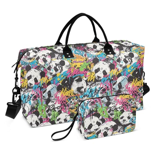 Ein lebendiges und farbenfrohes Graffiti-Muster mit verschiedenen Panda-Zeichnungen, Reisetasche, Reisetasche über Nacht, Handgepäck, Turnbeutel mit verstellbarem Riemen für Geschäftsreisen Ein lebendiges und farbenfrohes Graffiti-Muster mit verschiedenen Panda-Zeichnungen, Reisetasche, Reisetasche über Nacht, Handgepäck, Turnbeutel mit verstellbarem Riemen für Geschäftsreisen von famyily