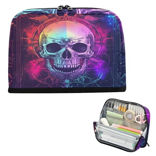 Federmäppchen, großes Fassungsvermögen, Make-up, mit Fach, Schreibwaren, Federmäppchen für Herren, Kosmetik, verträumte Farben, Tarot-Piratenschädel von famyily