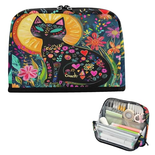 Federmäppchen, großes Fassungsvermögen, Make-up-Tasche mit Reißverschluss, Organizer für Studenten, Schule, Must-Haves, bunte Katze, Boho-Stil von famyily