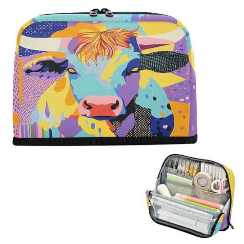 Federmäppchen, großes Fassungsvermögen, Stifteetui, Organizer, mehrere Fächer, Schreibwaren, Federmäppchen für Studenten, Schule, Versorgung, psychedelische Hochlandkuh von famyily