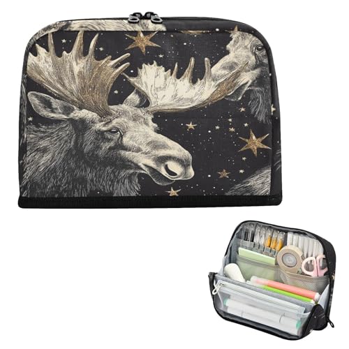 Federmäppchen, großes Fassungsvermögen, Stiftetasche, großer Schreibtisch-Organizer für Jugendliche, Schule, Glitzer, Elch, Sterne von famyily