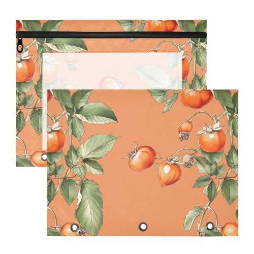Federmäppchen, transparent, 3 Löcher, Tasche für 3 Ringe, 2 Stück, für Lehrer, Schule, Studenten, Lehrerbedarf, Aquarell, Hagebutten, Orange von famyily