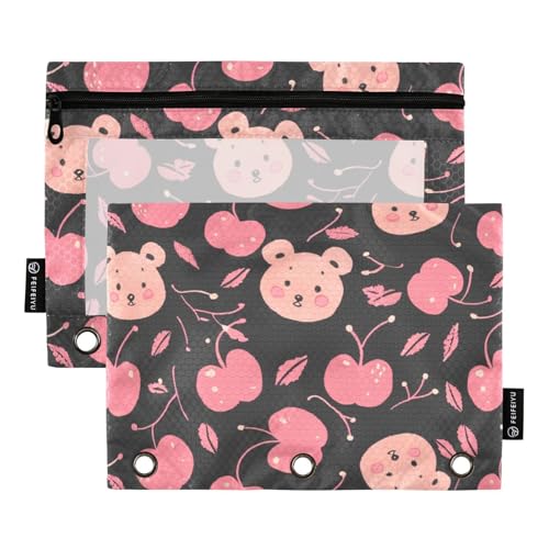 Federmäppchen für Teenager, Motiv: Kirsche und Bär, mit Sichtfenster, in verschiedenen Farben, 3-Loch-Ordner für Büro, Schule, Kosmetik, mehrfarbig, 2 Stück von famyily